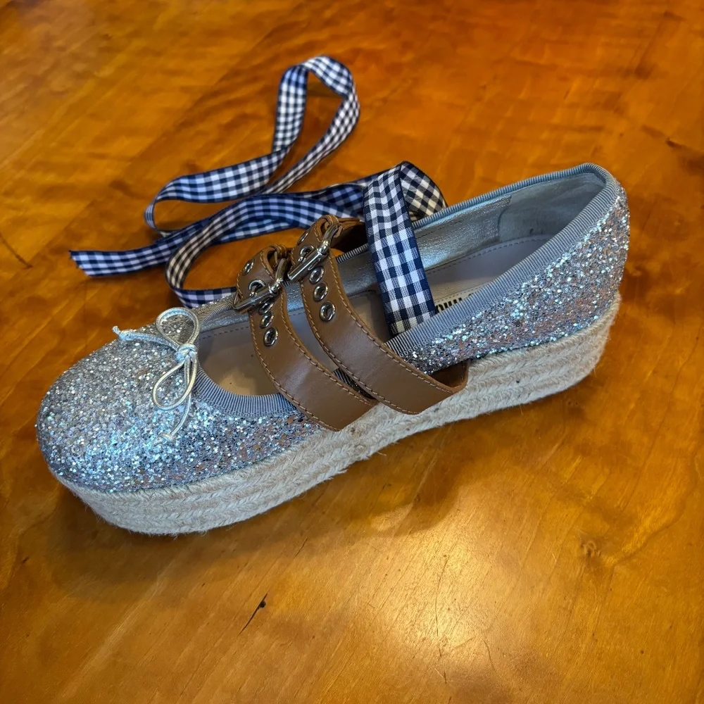 Retail $650! Miu Miu Glitter Silver Platform Espadrilles Removables Ties 40 9.5